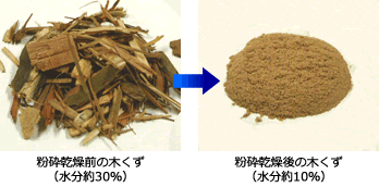粉砕乾燥後の木くず (水分約10%)